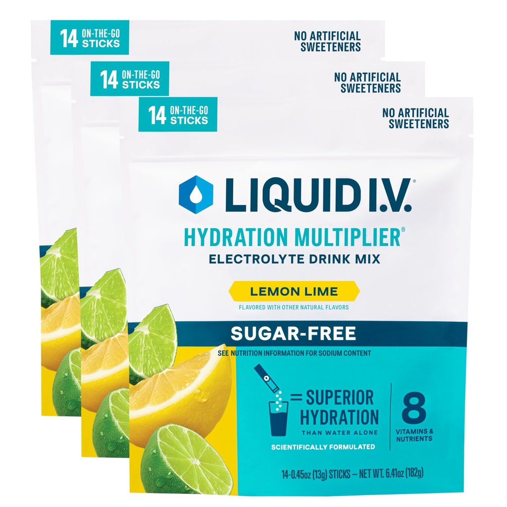 Líquido I.V.® Hydration Multiplier® Sugar-Free - Limo de limón - Embalajes de Polvo de hidratación ← Electrolyte Powder Drink Mix ← Pegatinas Convenientes para un solo respiro Silencioso No-OMG ANTE 14 Servimientos (Pack of 3)