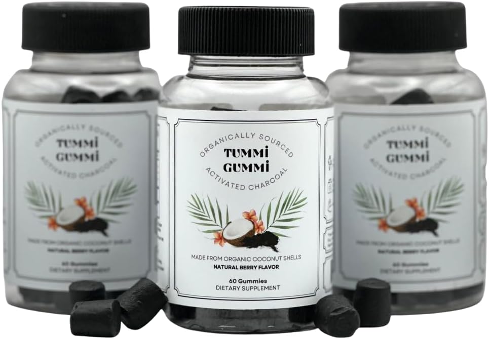 Gafas de carbón orgánico activadas, Gummy de carbón para niños y adultos, Salud Digestiva, Gas y Alivio de Bloat, Detox, Sabor de Berry natural, 60 Condes