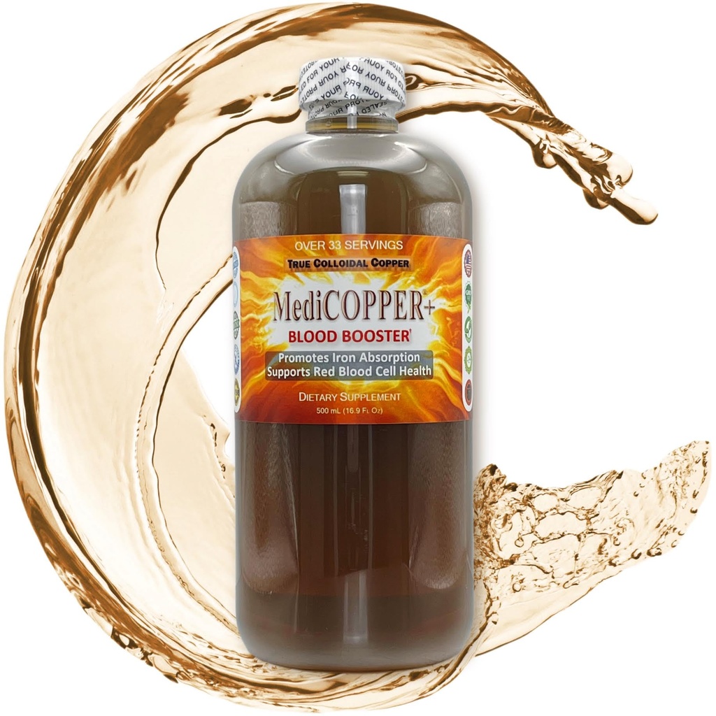 MediCOPPER® Plus Booster de Sangre Verdadero Cobre Colloidal CuNP Suplemento Nutricional - 500 mL en Botella de plástico transparente