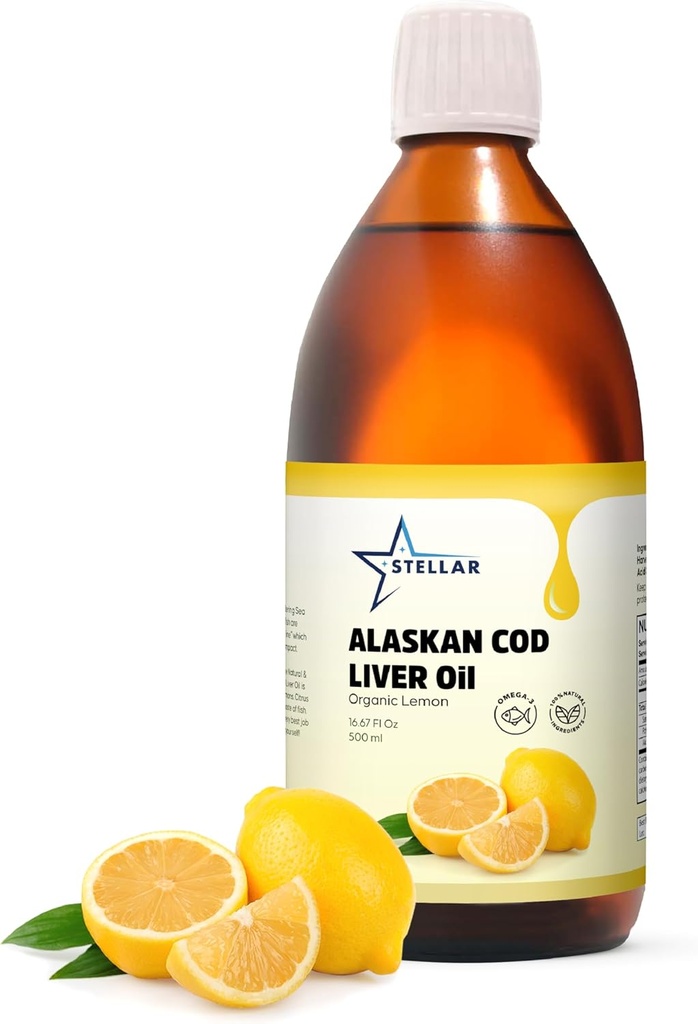 Stellar Alaskan Cod Liver Oil - Organic Lemon, 16.67 oz ← Wild-Caught in USA TEN Rich in Omega-3 DHA/EPA &amp; Vitamina D TEN Non-GMO Certified TEN Supports Heart, Brain &amp; Immune Health