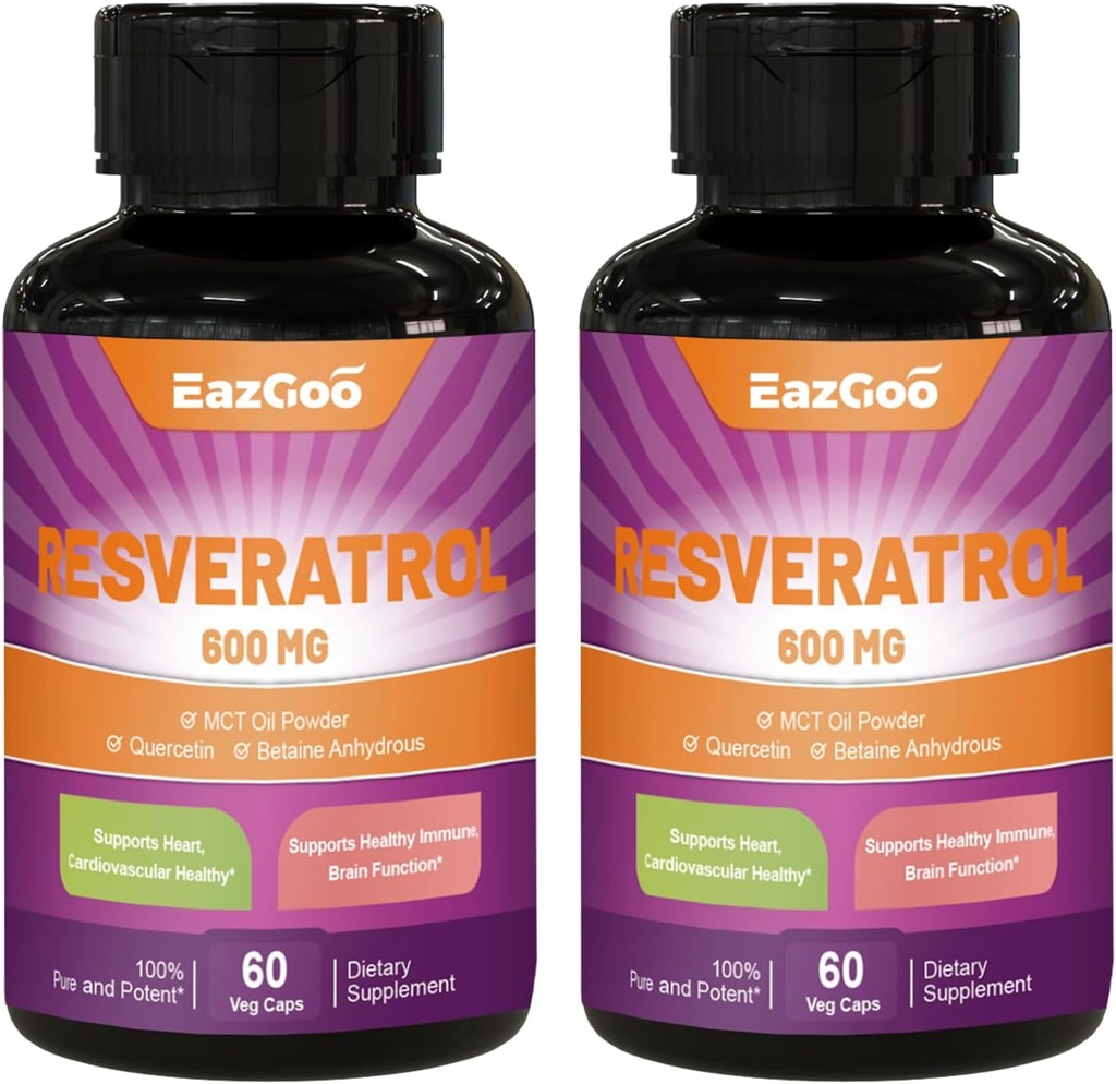 Resveratrol 600 mg, Suplemento Trans-Resveratrol, Apoyo al envejecimiento de la salud antioxidante - 120 cápsulas