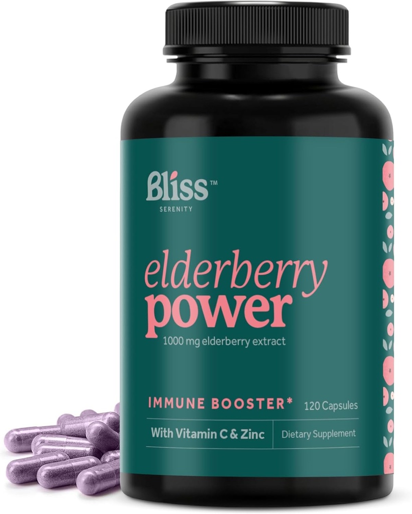 Elderberry con zinc y vitamina C para adultos - Sambucus Elderberry Capsules - 1000 mg Extracto, Immune Support Suplemento para mujeres y hombres, con Antioxidante Fruit Blend, 120 Vegcaps, 60 Day Supply