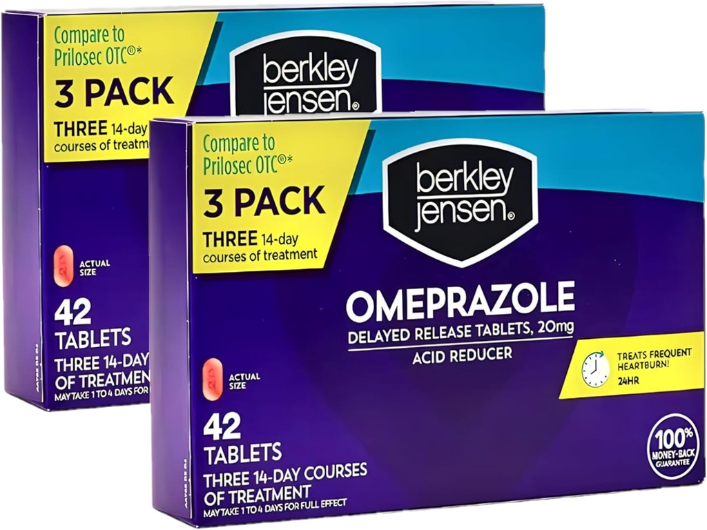 berkley jensen Omeprazole 20 mg Delayed Release Tablets - Heartburn Medicine- Acid Reducer Pills - Treats Frequent Heartburn - 3 x 14-Day Courses, 42 Count (Pack of 2)