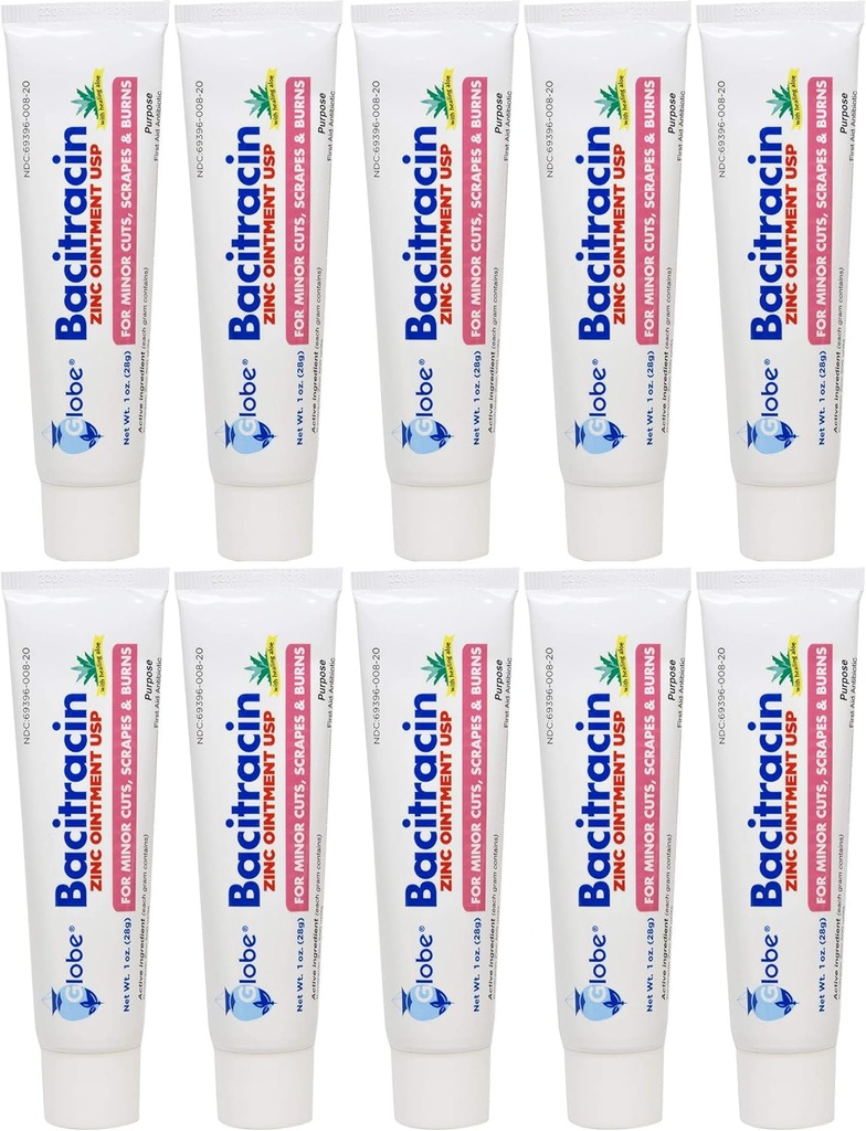 Globe Bacitracin Zinc Ointment 1 oz TENIDO Antibiótico ungüento TENIDO Esencial Antibiótico primeros auxilios suministros TENIDO Acción curativa ANTE Maximum Antibiotic Power ANTE Previene la infección en cortes, chatarras, quemaduras TEN 10 PACK Silencio