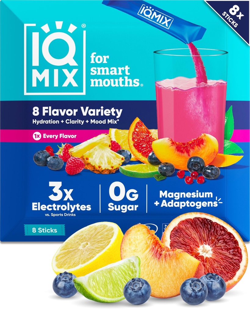 IQMIX Hydration Electrolyte Powder - 4-in-1 Formula for Hydration, Mental Clarity, Mood & Recovery - Sugar-Free, Keto Drink Mix with Magnesium L-Threonate & Lion’s Mane - 8-Count Sampler (All Flavors)