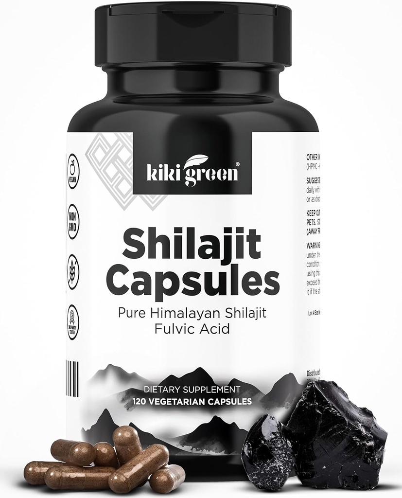 KIKI Green Shilajit Capsules - Himalayan Supplement, 40% Fulvic Acid and Trace Minerals - 500 mg por Serving for Strength, Energy, Immunity - 120 Vegan Count