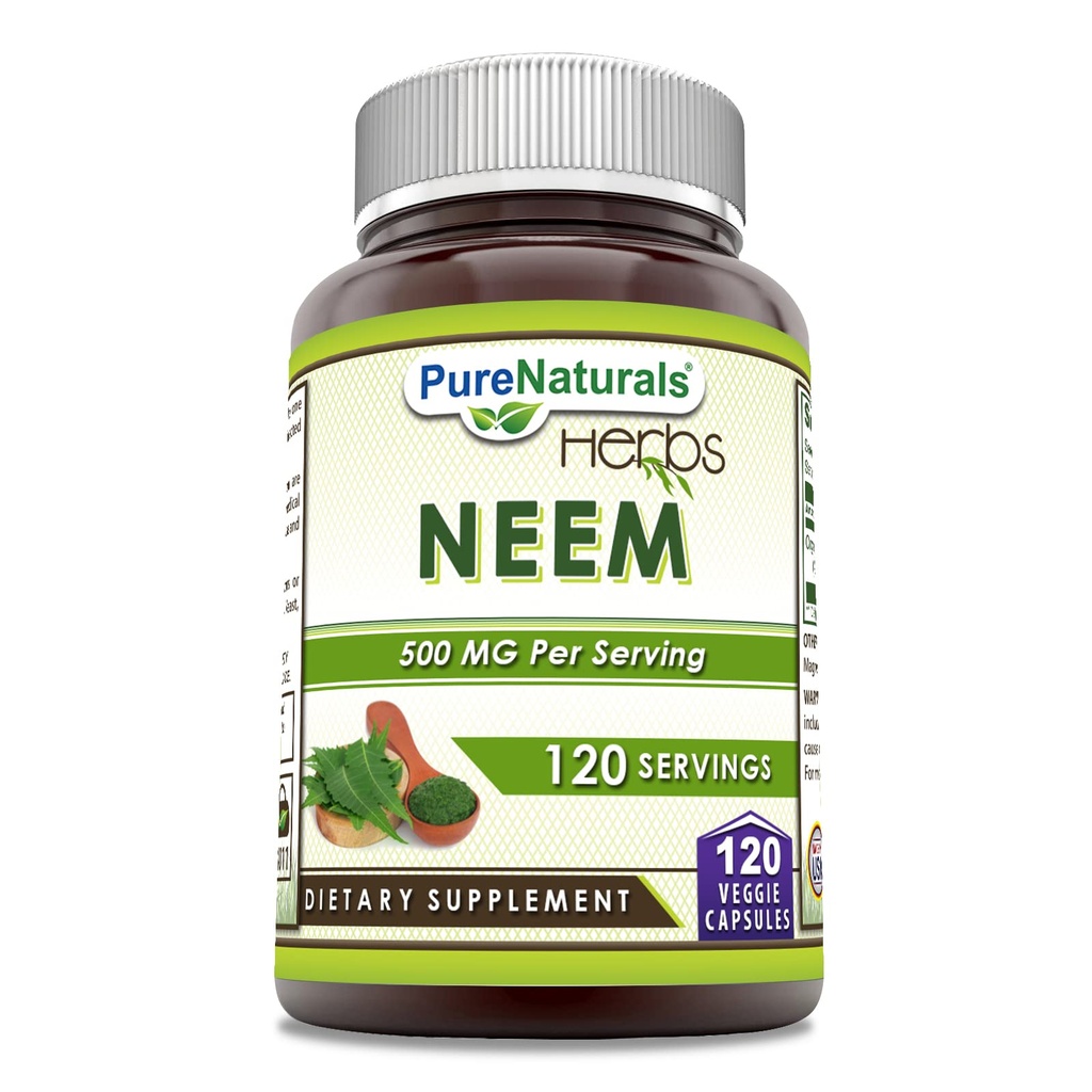 Pure Naturals Neem (Made with Natural Neem Leaf) ← 500mg 120 Veggie Capsules Suplemento Silencio Non-GMO Silencio Gluten Free ← Made in USA ← Ideal para los vegetarianos