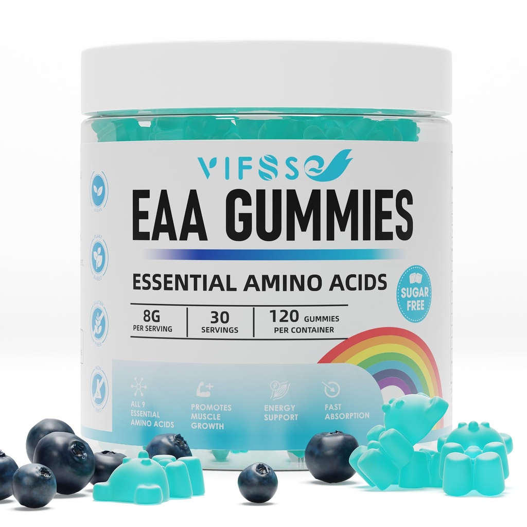 EAA Gummies 120 Gummies (Blue Raspberry), Aminoácidos Esenciales - Todos los 9 Aminos Esenciales (EAA) y todos los Aminos Sustitutivos (BCAAs), No GMO, Gluten Free, Vegetarian Friendly