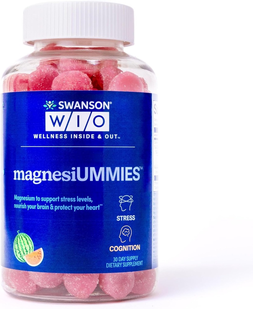 Swanson WIOTM magnesiUMMIESTM Stress Support, Heart Health, Stress, Watermelon, Magnesium 336mg, Vegan, Non-GMO, Gluten-Free, Bone Health - 12oz Bottle, 120 Gummies (30-Day Supply)
