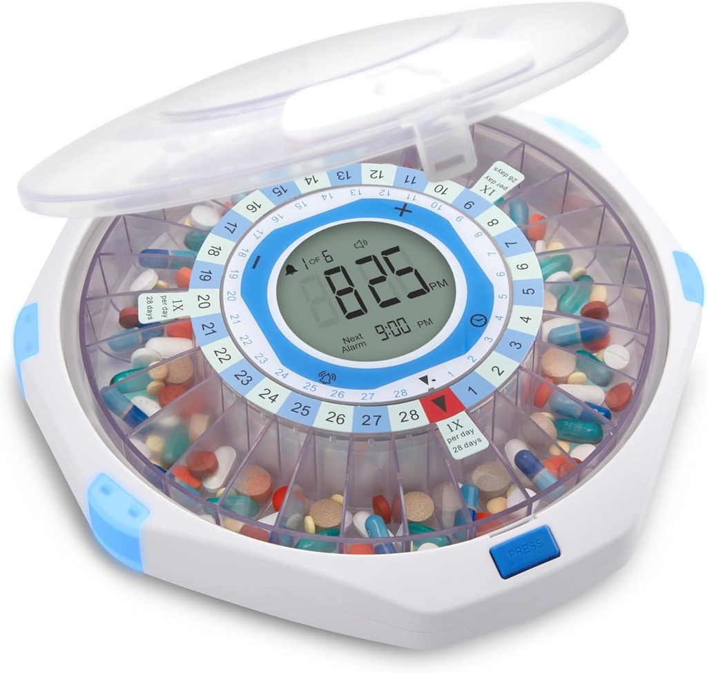 LiveFine WiFi Automatic Pill Dispenser and Remote Medication Monitoring System with Locking Key, 28-Day Medication Organizer Up To 9 Doses Per, Adjustable Light/Sound Alarms For Prescriptions & Vitami