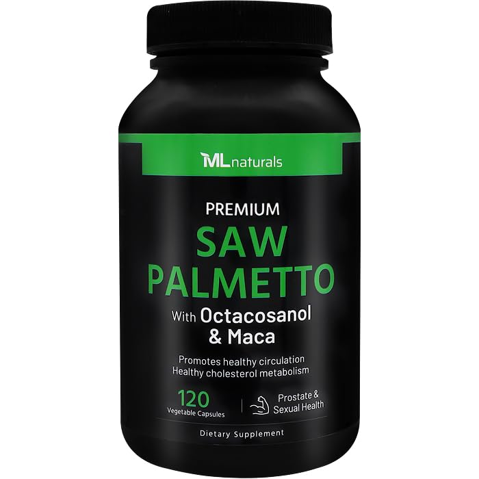 ML Naturals Saw Palmetto 1000 mg 120 Vegan Capsules. 3 en 1. Calidad Premium con Octacosanol &amp; Maca. Prostate, Urinary Health, Circulatory Health, Natural Energizer, NSF-Certified " cGMP-Compliant