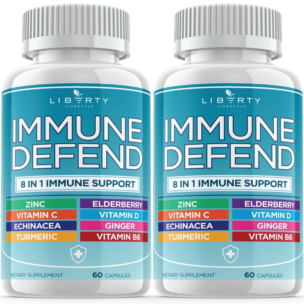 8 in 1 Immune Defense Support, Immunity Vitamins Supplement Booster Zinc 50mg, Vitamin C Elderberry VIT D3 5000 IU, Turmeric Curcumin & Ginger, Echinacea - Allergy Relief for Kids Adults (2 Pack)
