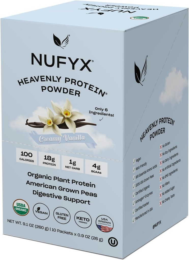 NUFYX® • Pólvora Skyly Protein® • Púrpura ecológica mundial 100% ecológica americana • Vegan • Gluten Gratis • Baja Carb (Creamy Vanilla, Box of 10 Packets)