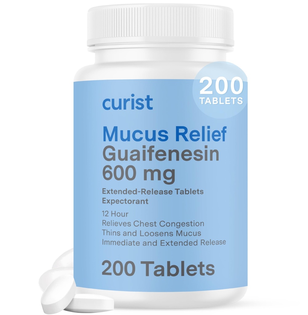 Curist Guaifenesin 600 mg Extended Release Tablets (200 Tablas sin tinte) - Expectorant Mucus Relief, Generic Guaifenesin 600 mg, (Bulk Pack)
