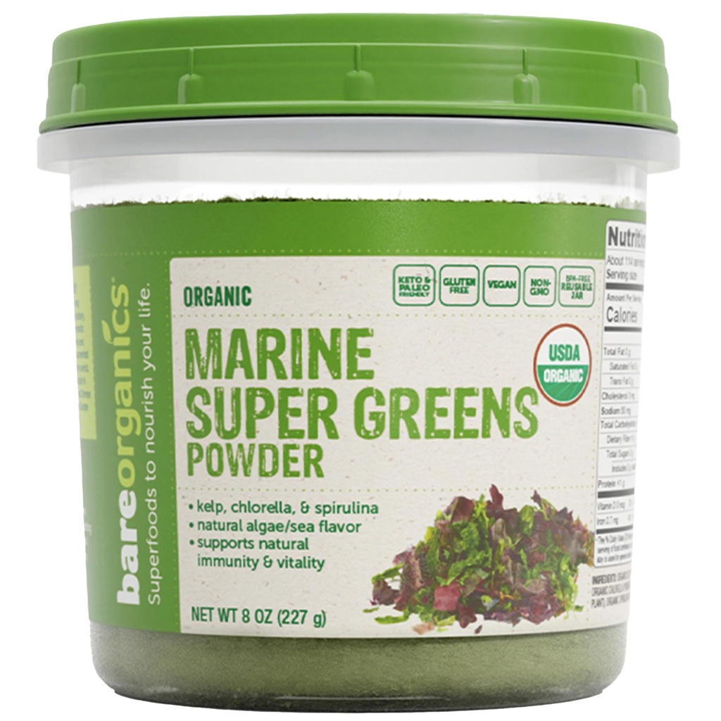BareOrganics Marine Super Greens Powder – USDA Organic, Vegan, Gluten-Free, Non-GMO, BPA-Free, Superfood Powder with Organic Kelp, Spirulina & Chlorella - 8 oz
