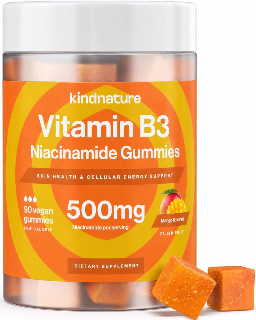 kindnature Vitamin B3 Niacinamide Gummies 500mg – Flush-Free Niacin Supplement – Supports Skin, Energy & Nervous System Wellness – Vegan, Gluten-Free, Soy-Free – 90 Gummies