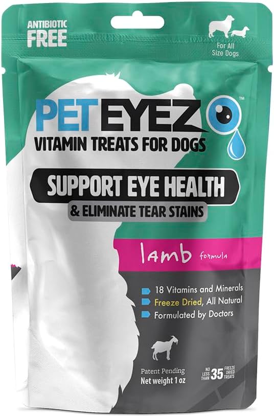 PetEyez Tear Stain Remover Vitamin Treats for Dogs - Asistencia Ojo Salud " Reducir el pico " Tear Stain Buildup - 100% Natural Dog Treats with Superfoods, Antioxidants " Nutrients - Lamb Flavor - 1oz