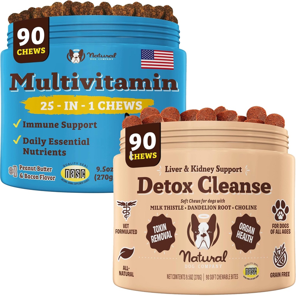 Natural Dog Company Multivitamin " Kidney Chews Bundle - Soporte integral de salud para perros mayores, promueve la desintoxicación, la mejor digestión, la piel radiante " Coat, fácil de administrar