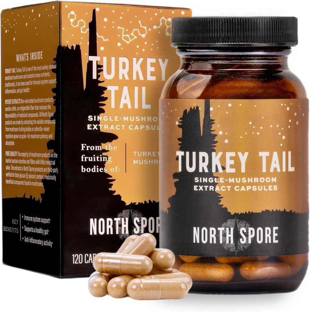 North Spore Organic Turkey Tail Extract Mushroom Supplement Capsules  durable Stamina & Endurance Silencio 60 Day Supply TEN High Potency Blend TEN 100% Fruiting Body Extracts TEN Vegan, Non-GMO TEN 120ct