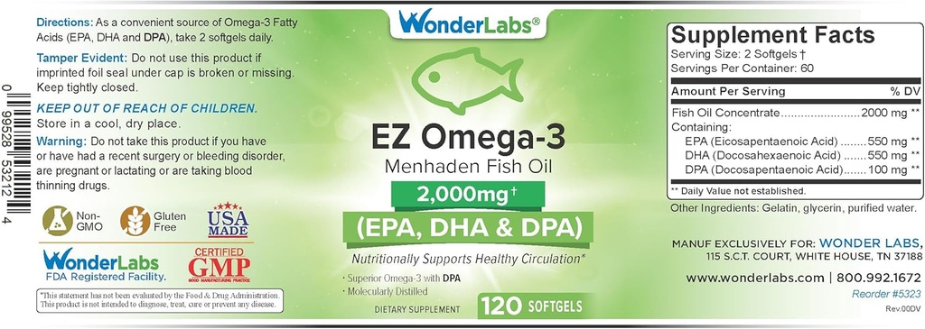 EZ Omega-3 Atlantic Menhaden Fish Oil Supplement 2000 mg, Burpless, Made in The USA, Perfect Balance of EPA+ DHA + DPA 120 Softgels