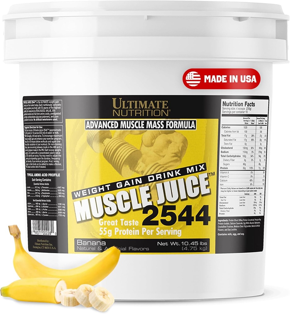 Ultimate Nutrition Muscle Juice, Weight Gain Drink Mix - Mass Gainer Workout Powder for Men &amp; Women - Suplemento para el crecimiento del músculo magro &amp; Immune Support with 55g Protein - Banana, 10.45lb