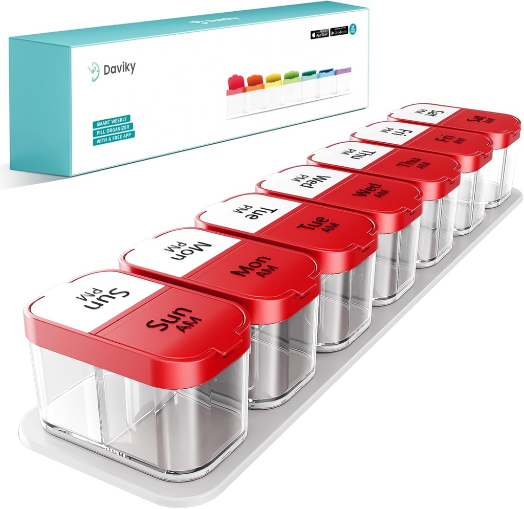 Daviky Extra Large Pill Organizer 2 veces al día, Am Pm Pill Organizer 7 Day, Pill Box 7 Day to Hold Daily Medicine Vitamin and Supplements for Elders, Arthrtic Patients and Kids (Red)