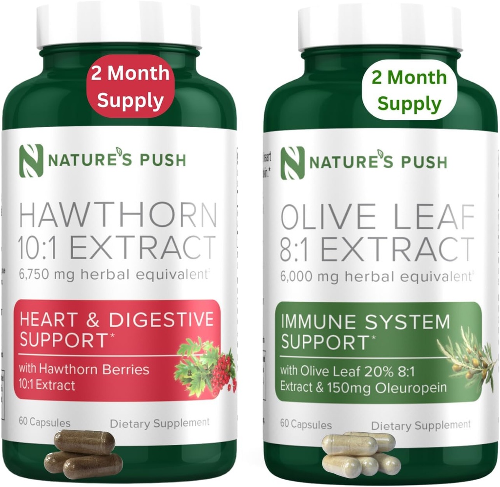 Empuje Hawthorn Berry y Hoja de Oliva Bundle de Super Potent 10:1 Extracto de Berry Hawthorn (2 Mes de Suministro) y Oliva Super Potent 8:1 Extracto 20% Oleuropein 750mg Cápsula (2 Mes de Suministro)