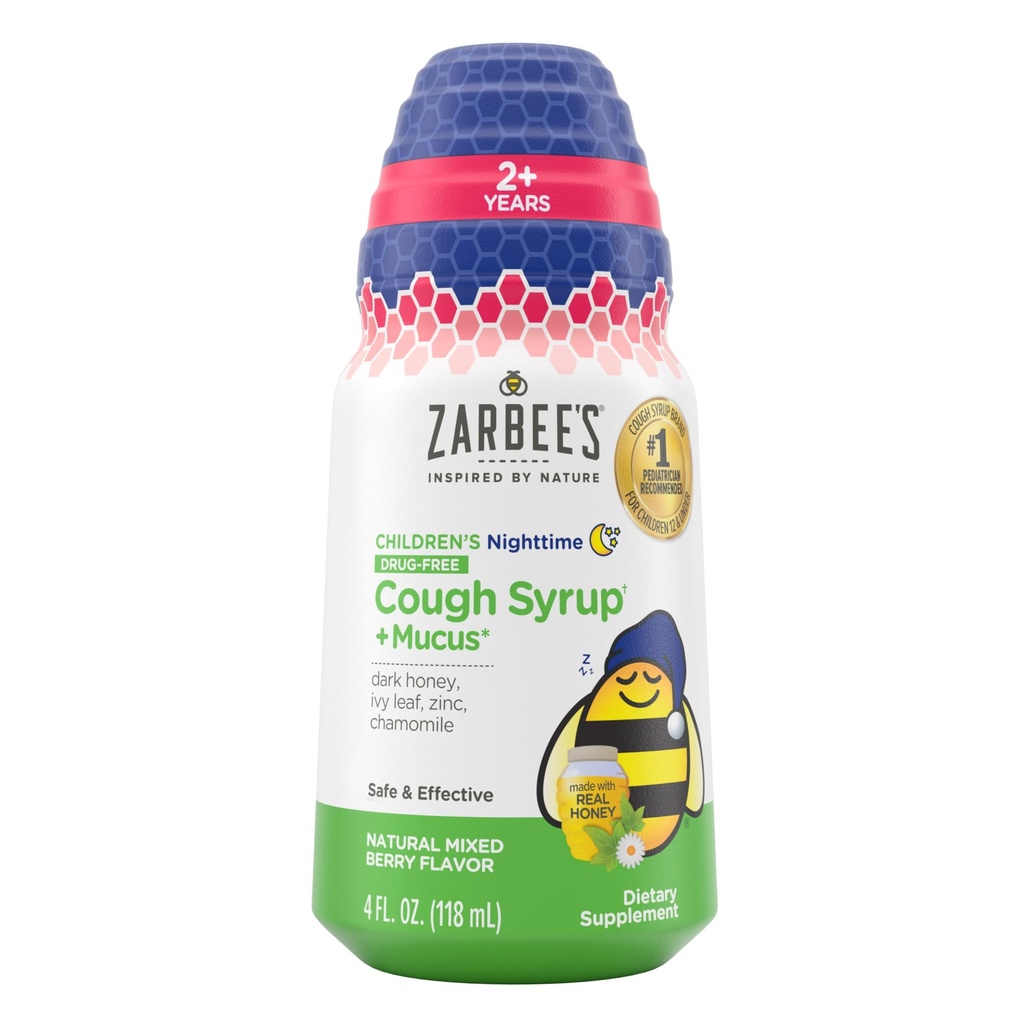 Zarbee's Children's Nighttime Honey Cough Syrup + Mucus for Kids 2+ + Dark Honey, Ivy Leaf, & Calming Chamomile, #1 Pediatrician Recommended, Drug &amp; Alcohol-Free, Mixed Berry, 4 fl. oz