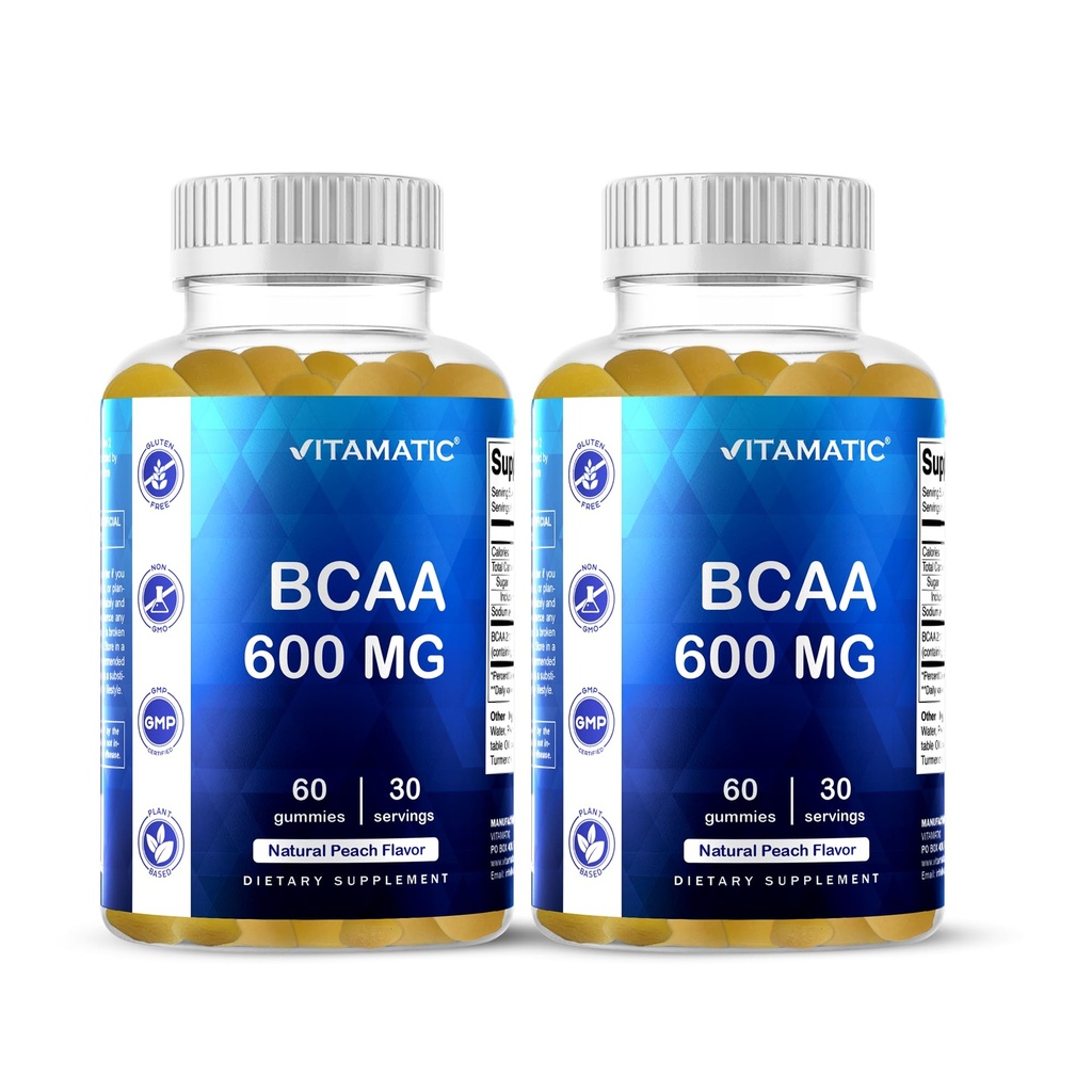Vitamatic BCAA Gummies - Branch Chain Amino Acid Supplements - Peach Flavor - 600mg por Serving - 60 Vegan Pectin Based Gummies (2 Bottles)