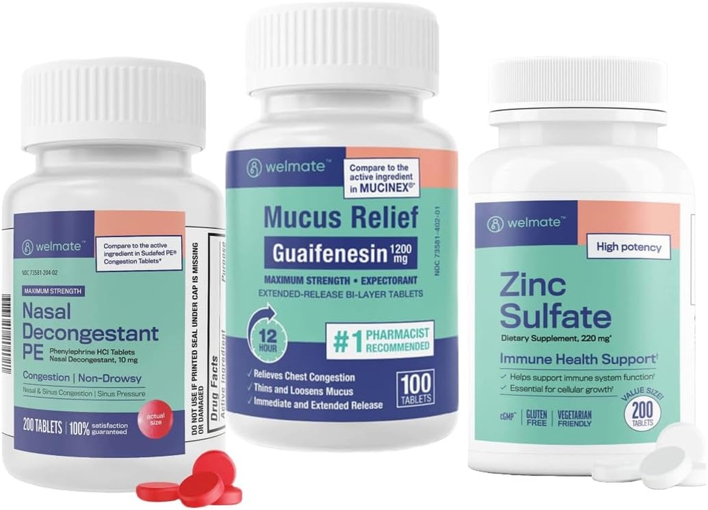 WELMATE Ultimate Cold &amp; Allergy Relief Bundle: Maximum Strength Guaifenesin 1200 Mg Mucus Relief (100 Tablets), Phenylephrine HCl 10 mg Nasal Decongestant (200 Tablets) & Zinc Sulfate 220mg