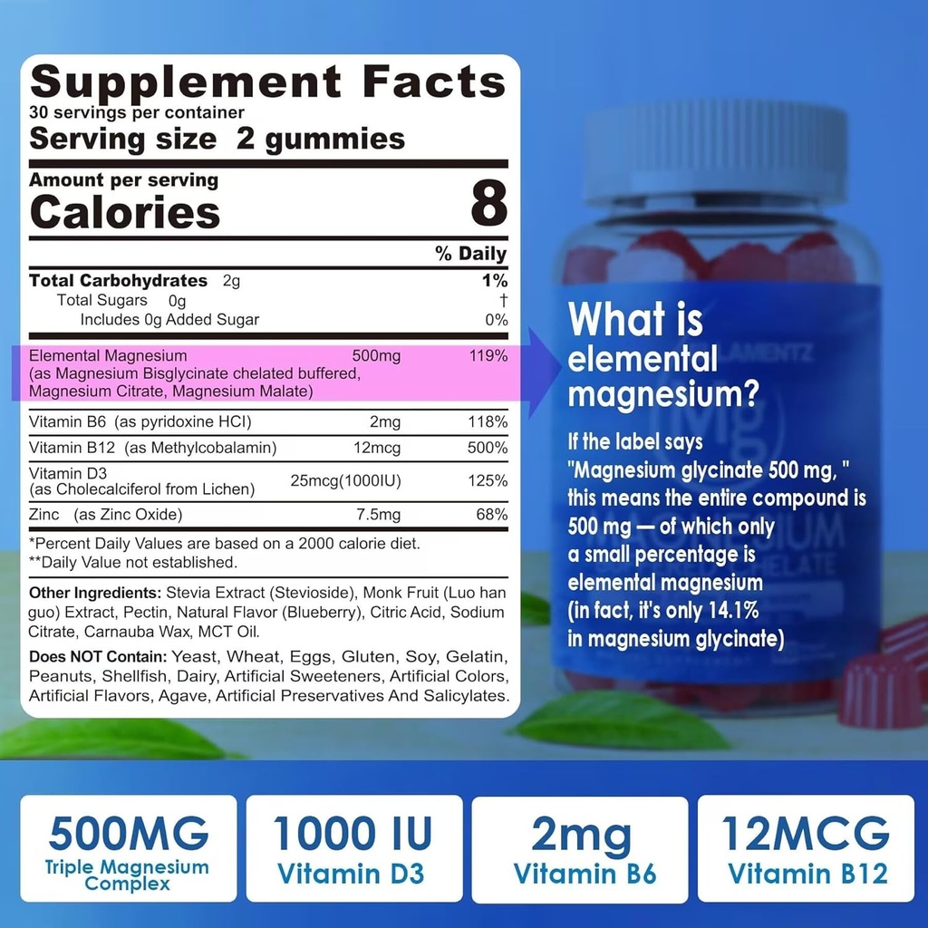 Suplemento de magnesio 500mg, Magnesium Complex Gummies w/Magnesium Glycinate, Malate, Citrate, D3, B6, B12 para el sueño, Migraine Relief, Muscle & Bone, Ultimate Absorption Magnesium Suplemento, 2 Pack
