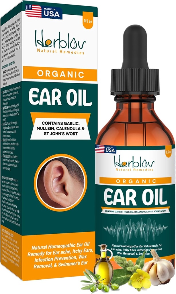 Aceite de oído orgánico para las infecciones del oído - Natural Eardrops for Infection Prevention, Swimmer's Ear &amp; Wax Removal - Niños, Adultos, Baby, Dog Earache Remedy - con Mullein, Ajo, Calendula, Made in USA