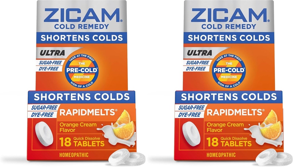 Zicam Ultra Cold Remedy Zinc Rapidmelts, Orange Cream Flavor, Homeopática, Cold Shortening Medicine, Shortens Cold Duración, Sugar-Free, Dye-Free, 18 Cuenta (Pack of 2)