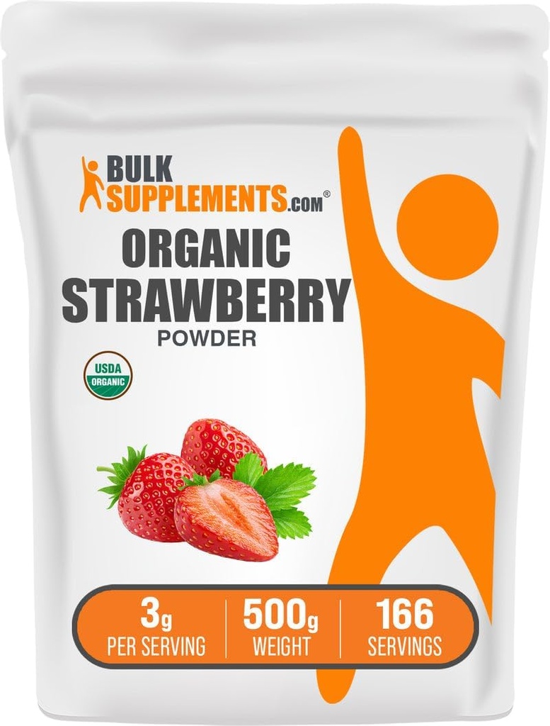 BulkSupplements.com Polvo de Fresa Orgánica - Polvo de Frutas de las Fresas Orgánicas - No Sugar Añadido " Gluten Free, 3g por Serving, 500g (1.1 lbs) (Pack of 1)