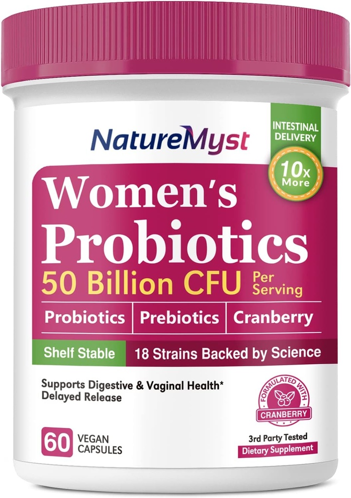 Probióticos femeninos, 50 millones de millones de UF, 18 Strains for Women, Plus Prebiótico &amp; Cranberry, Apoyo Digestivo, Vaginal &amp; Urinary Health, Shelf Stable, 60 cápsulas Vegan Delayed Release
