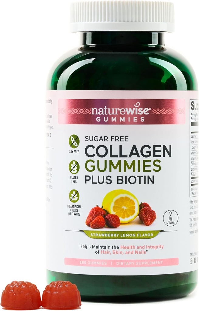 NatureWise Collagen Gummies - Sugar-Free Hydrolyzed Collagen Gummies - Type 1 & 3 Peptides for Women + Biotin, Vitamin C, E, & Zinc for Hair Skin and Nails Support - 180 Count[3-Month Supply]