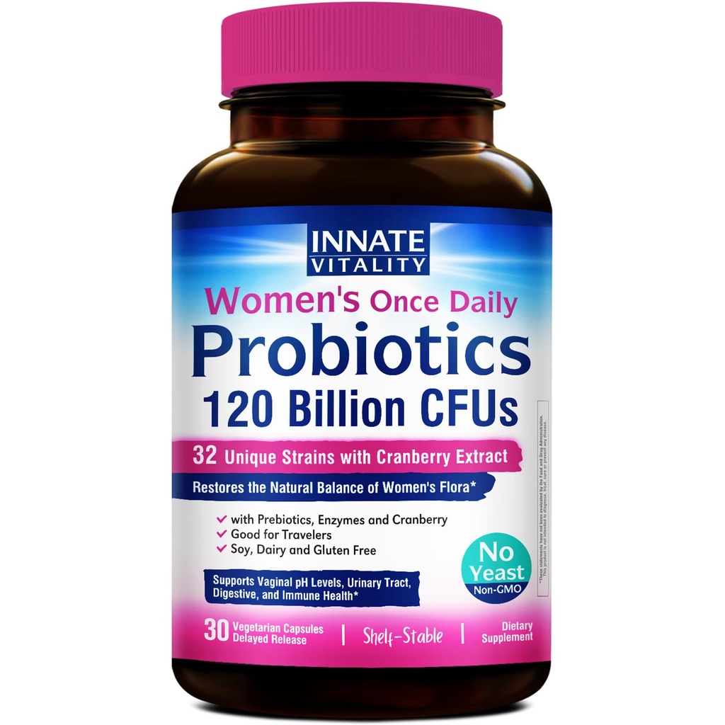 Innate Vitality Women's Probiotics, 120 Billion CFU, 32 Tested Strains, Probiotics for Women, Yeast Control, Vaginal pH Support, Prebiotics, Digestive Enzymes, Cranberry, Once Daily 30 Veggie Capsules