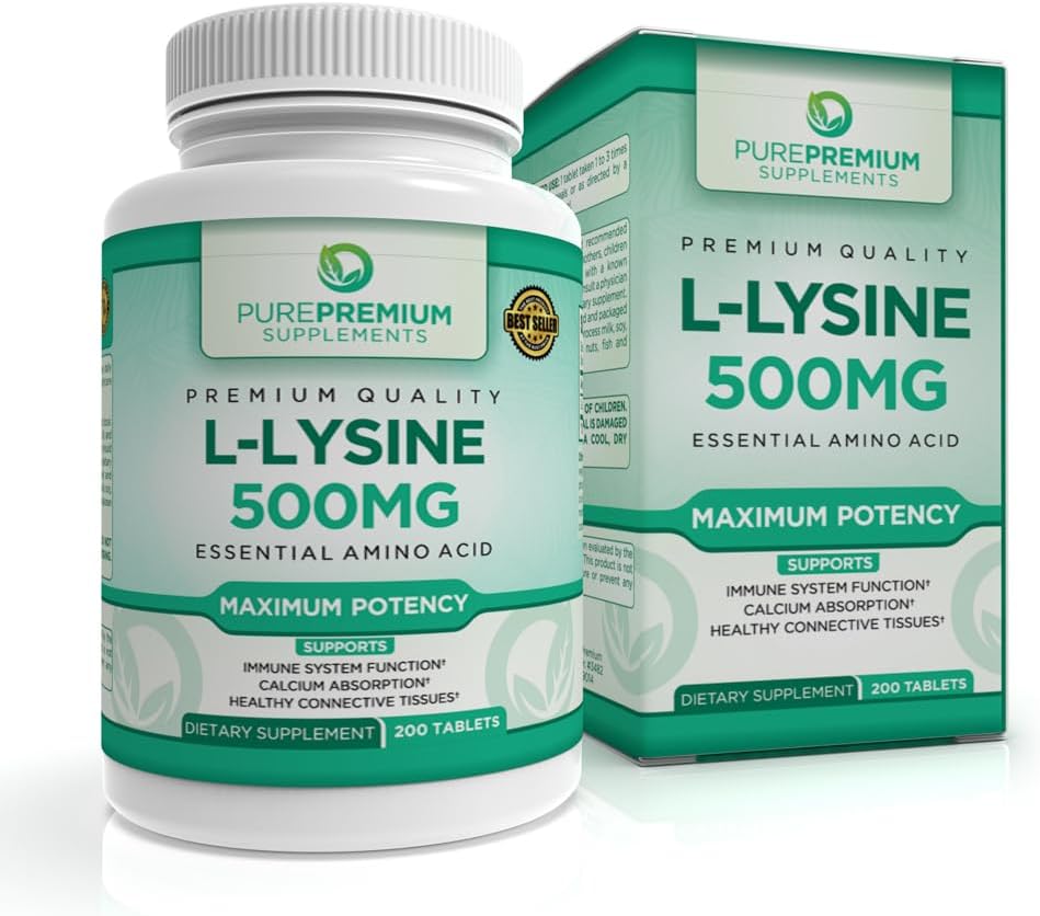 PurePremium L-Lysine 500 mg Suplemento - Aminoácidos esenciales con fuerza máxima - Suplemento de apoyo inmunológico - Lisina pura 500 mg para la absorción rápida - 7 meses Suministro - 200 Cuadros