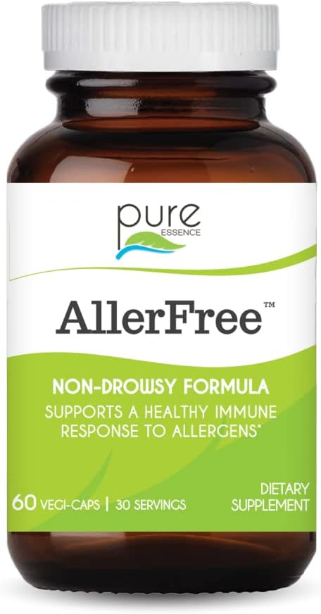 AllerFree Natural Allergy Support Suplemento por Pure Essence Labs - Píldoras no sombrías para Sinus y Nasal Health Seasonal Alergías con Enzymes y Herbs - 60 cápsulas
