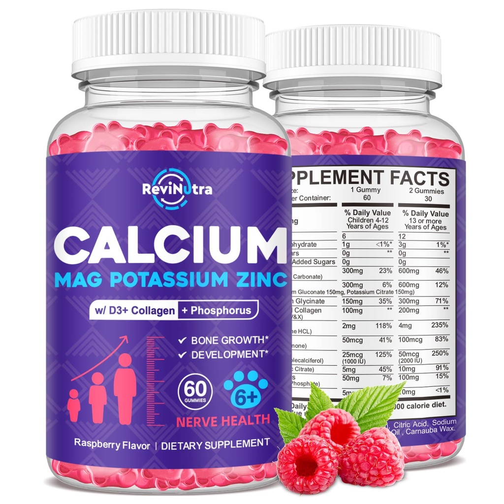 Calcium Potassium Magnesium Gummies for Kids & Adults, with Hydrolyzed Collagen, Zinc, Phosphorus, Multivitamin for Sleep, Bone Strength, Density Support, Sugar Free,Raspberry 60 Gummies