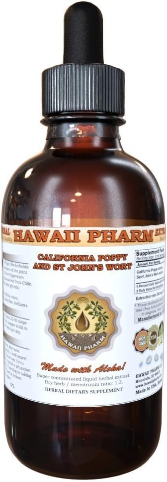 HawaiiPharm California Poppy and St John's Wort Liquid Extract, Organic California Poppy (Eschscholzia Californica) y St John's Wort (Hypericum Perforatum) Tincture Suplemento 4 oz