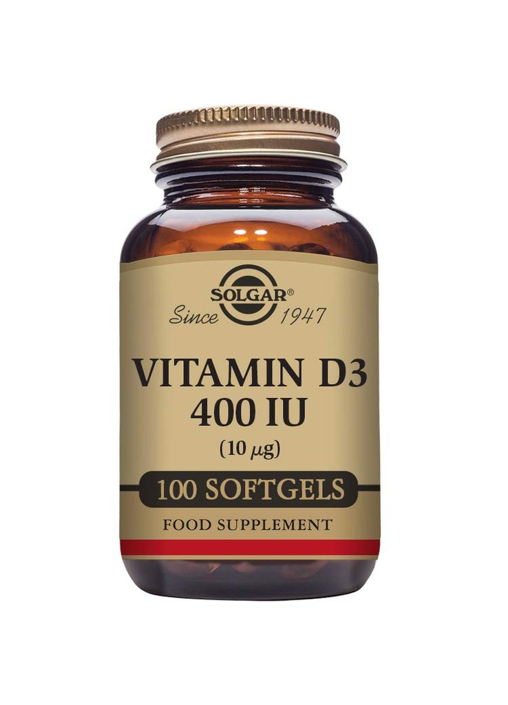 Solgar Vitamina D3 (Cholecalciferol) 10 MCG (400 UI), 100 Softgels - Ayuda a mantener los huesos " dientes - Soporte del sistema inmunológico - No GMO, Gluten Free, Dairy Free - 100 Servings