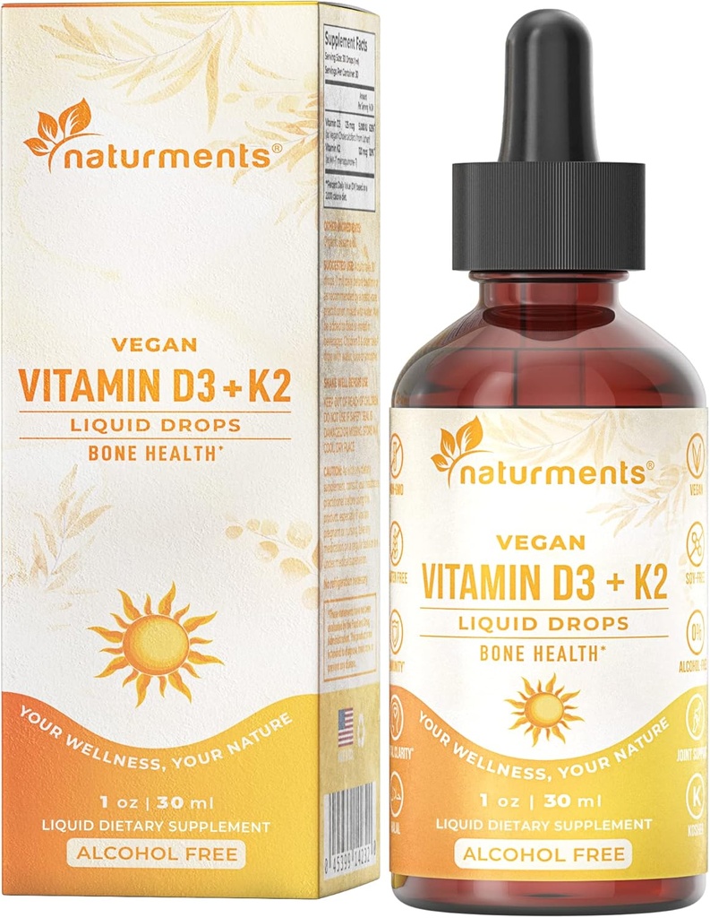 Naturments Vitamin D3 with K2 Liquid Drops (as Lichen) +K2 Complex : for Bone and Heart Health Formula Immune Support and Energy - Faster Absorption Non-GMO, Vegan Alcohol-Free, Sugar-Free 1 Fl Oz