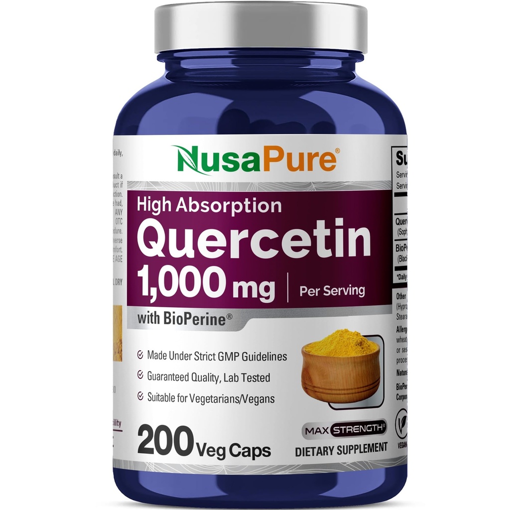 NusaPure Quercetin 1000mg - 200 Veggie Caps (No-GMO, Vegan, Vegetariano) Bioperina