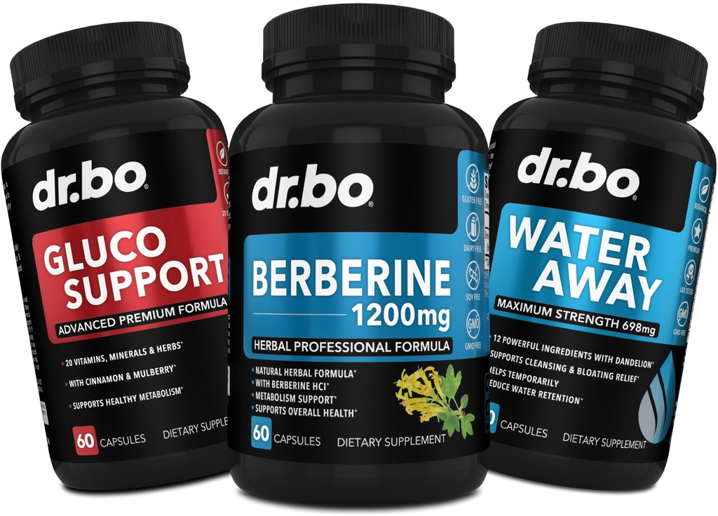 DR. BO Berberine Supplement Metabolism Support & Water Pills - 1200mg Berberine HCL Supplement for Healthy Metabolic Support - Premium HCL 600mg Per Capsule & Water Pills Diuretics Retention