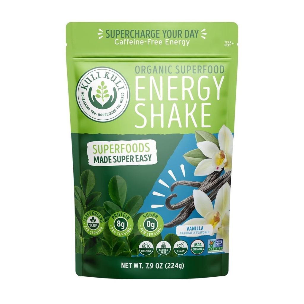 Kuli Kuli Organic Moringa Greens Smoothie Mix - Superfood Protein Smoothie Mix, Vanilla, 7.9 Unce Pouch, Vegan y Gluten-Free con 8g Pea Protein y 1 Cup Greens Por Serving