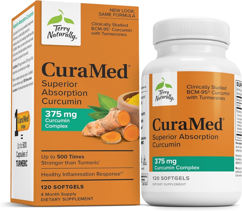 Terry Naturalmente CuraMed 375mg - Suplemento Antioxidante para Cerebro &amp; Inmuno Health Support - Suplemento dietético con Curcumin &amp; Turmeric Essential Oil - Herbal Liver Support - 120 Softgels