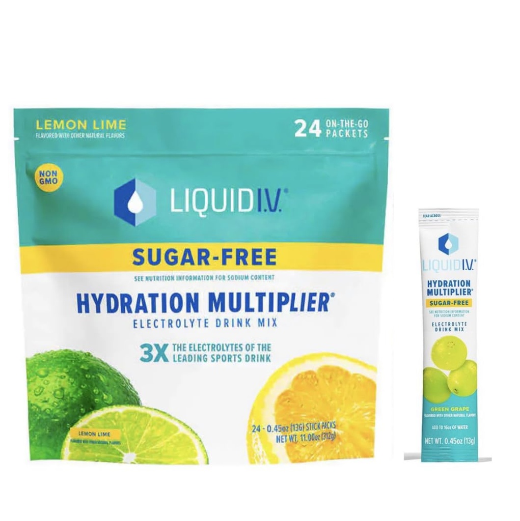 Líquido I.V. Multiplicador de hidratación libre de azúcar - Limo de limón – Packets de Polvo de hidratación, Mezcla de bebidas electrolíticas, Mezcla de Bebida fácil de abrir Pegatina de un solo paso No GMO 24 Sticks + 1-0.45 azúcar de uva verde gratis