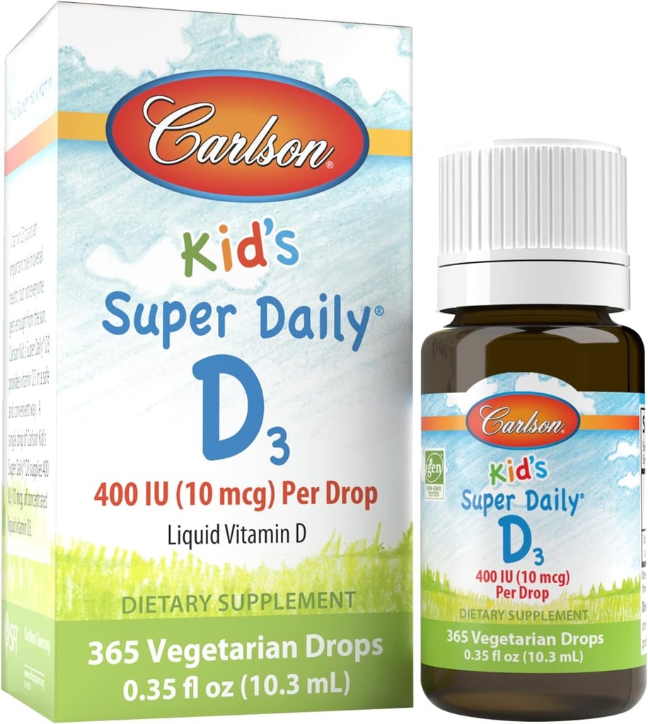 Carlson - Kid's Super Daily D3, Kids Vitamin D Drops, 400 IU (10 mcg) per Drop, Heart Health, Immune Support, Vegetarian, Liquid Vitamin D Drops, Unflavored, 365 Drops