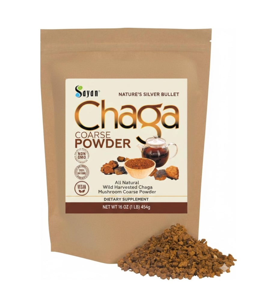 Sayan Siberian Pure Raw Coarse Chaga Powder 1lb / 454g – Premium Wild Forest Harvested Super Antioxidant Tea – Soporta el Sistema Inmunitario y la Salud Digestiva – Focus, Energy, Clarity, Wellness - Non-GMO
